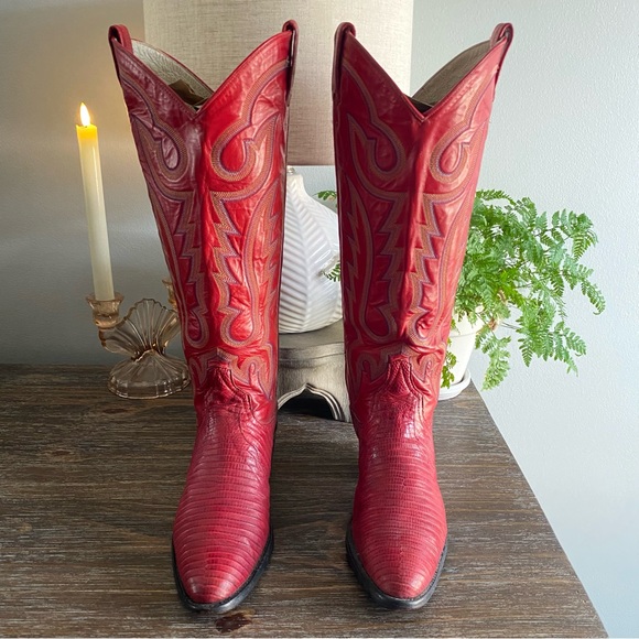 Vtg LARRY MAHAN 80s Exotic Lizard Tall Western Cowboy Cowgirl Boots 8 B Red - Picture 2 of 16